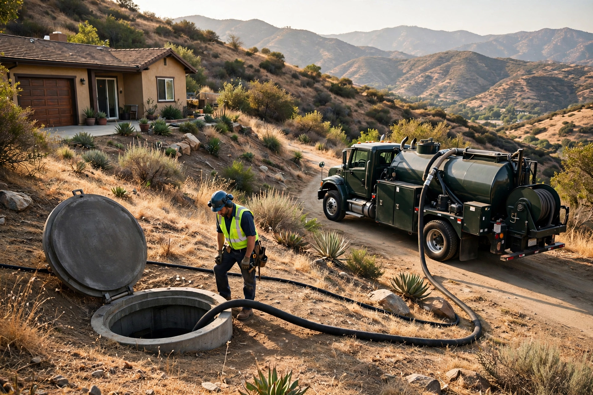 Septic pump truck servicing a septic tank at a foothill home in Monrovia, CA