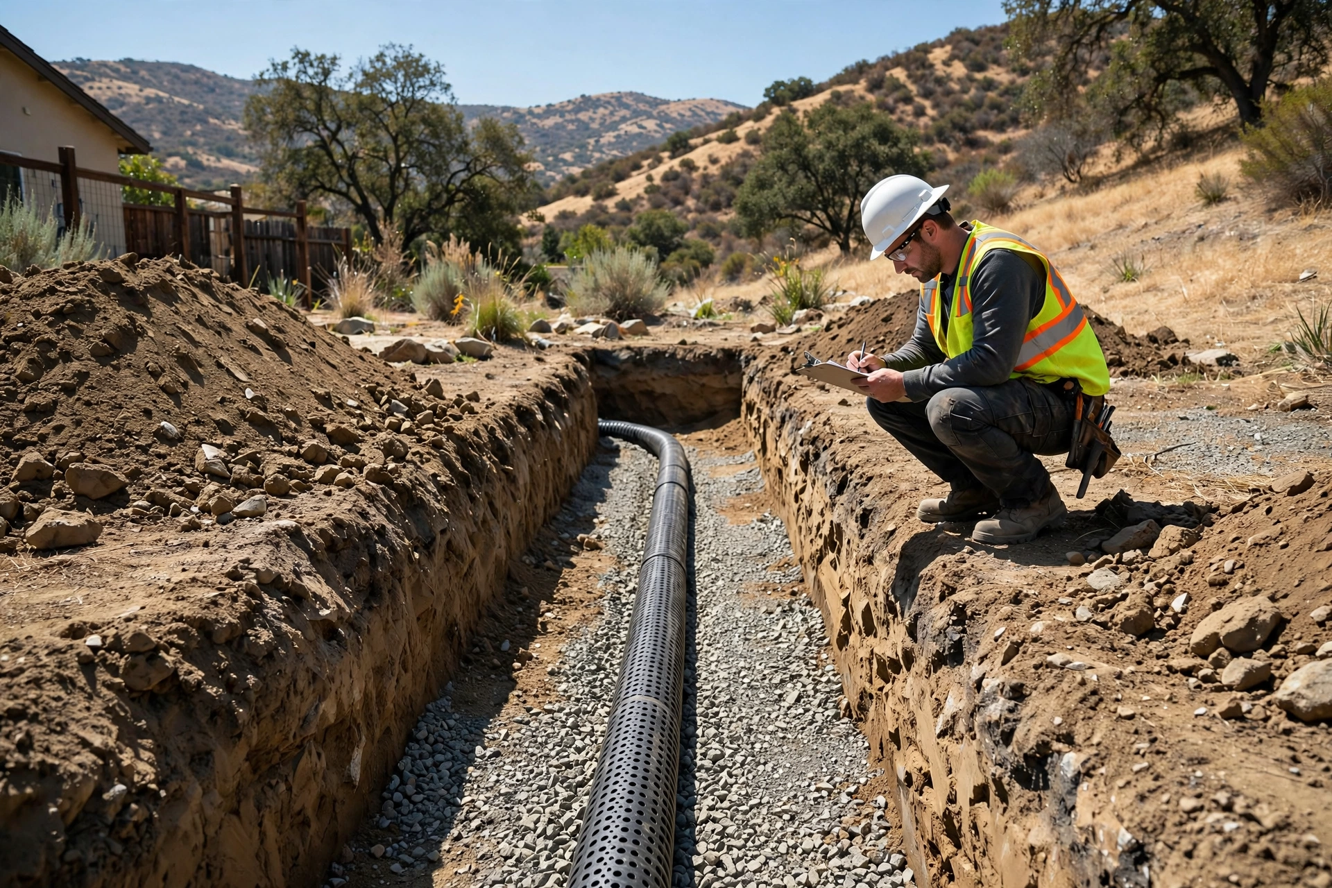 Inspector examining a septic tank lid at a Monrovia, CA home